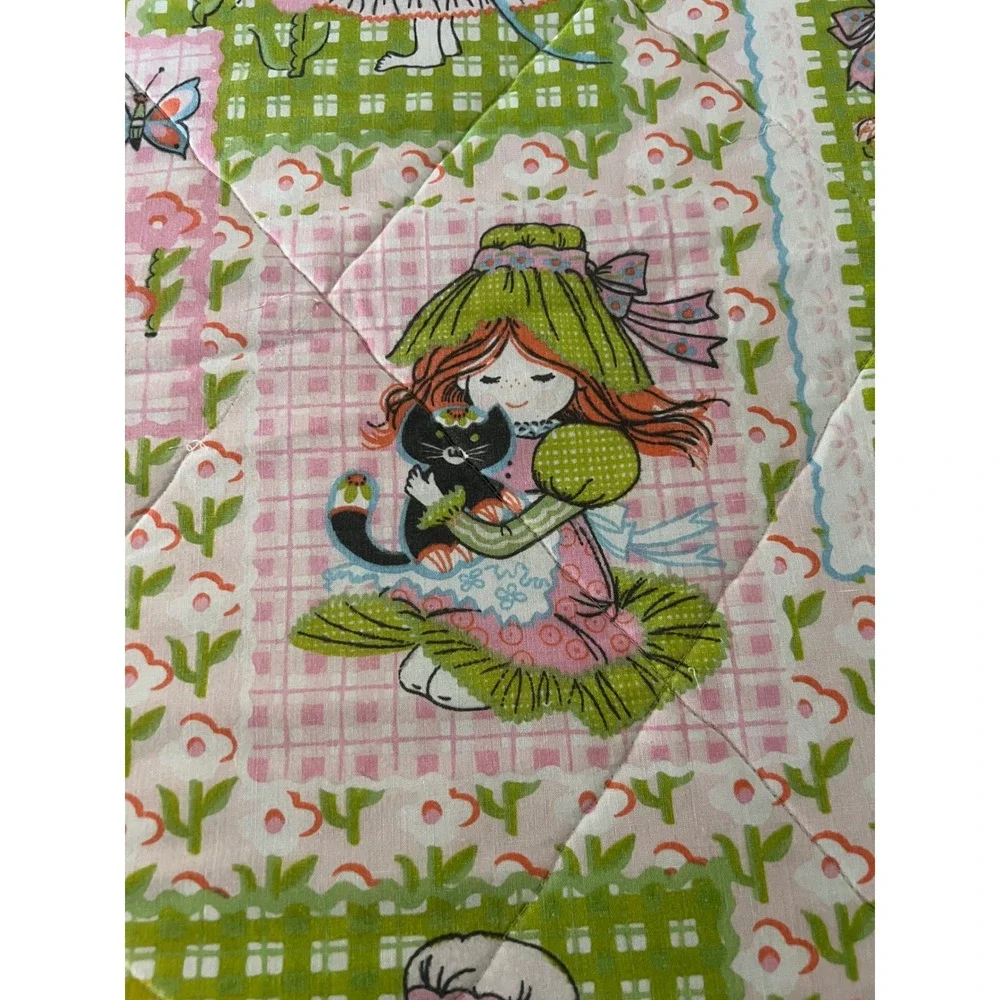 Vintage Holly Hobbie Style Quilt Bedspread Pink Green Floral 78x78 Cottagecore